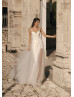 Beaded Spaghetti Straps Ivory Eyelash Lace Tulle Slit Wedding Dress